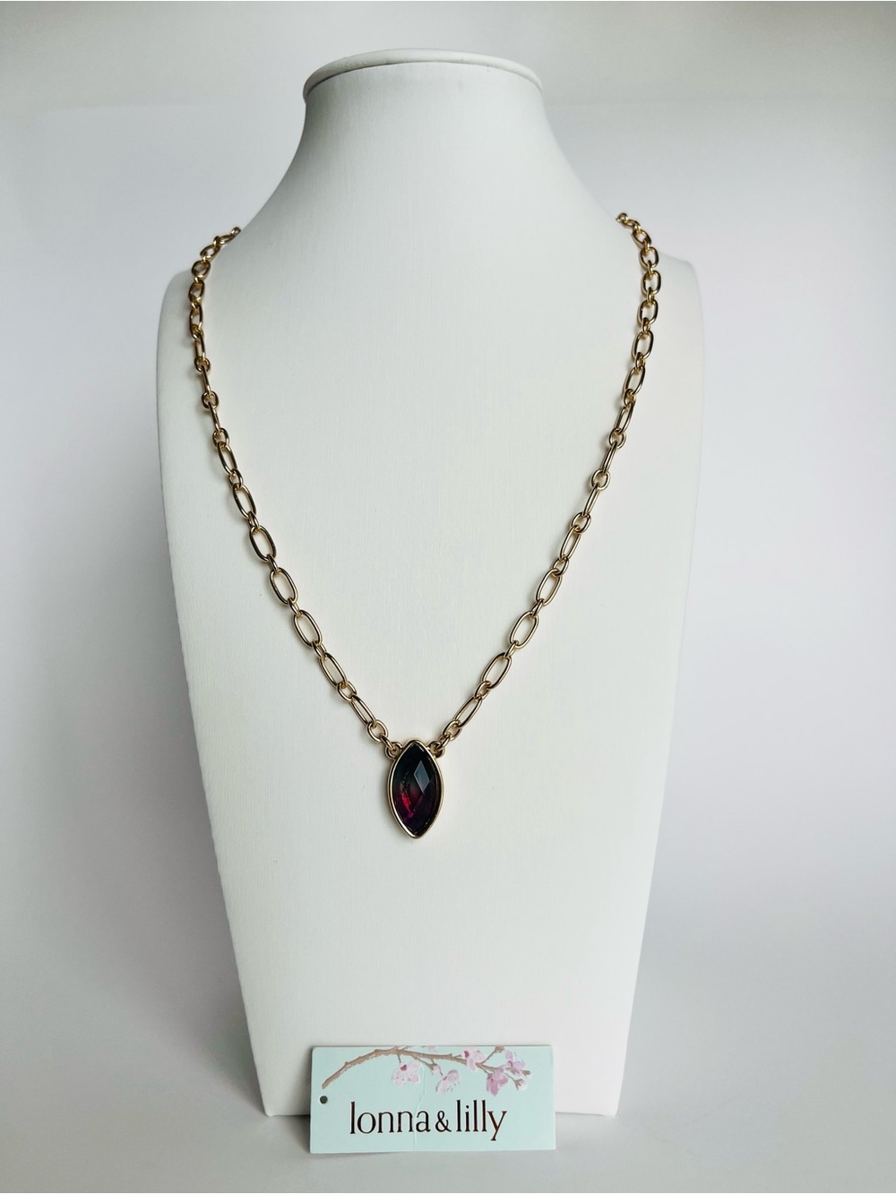lonna & lilly Gold Necklace with Marquise Dark Red Pendant 18”